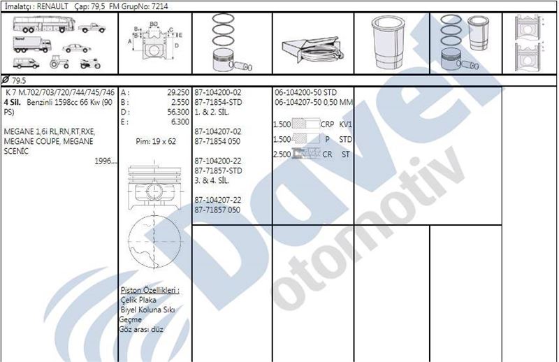 SUPSAN ZZ014M1-3.4-STD Piston Renault Clio Ii 1.6 Rn/Rt Eng. K7m744-745-746 - Kangoo 1.6i Eng. K7m746 - Megane 1.6i Eng.
